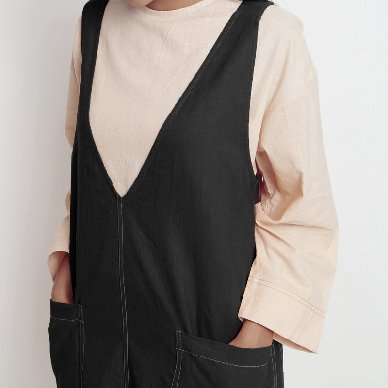 Black Cotton Flax Paneled Midi Shift Dress