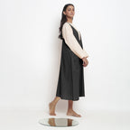 Black Cotton Flax Paneled Midi Shift Dress