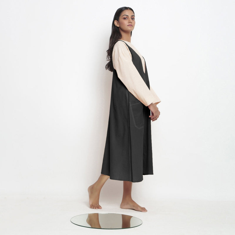 Black Cotton Flax Paneled Midi Shift Dress