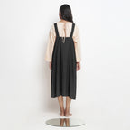 Black Cotton Flax Paneled Midi Shift Dress