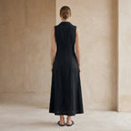 Black Cotton Flax Paneled Sleeveless Maxi Dress