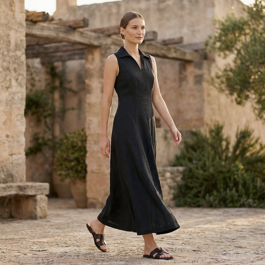 Black Cotton Flax Paneled Sleeveless Maxi Dress