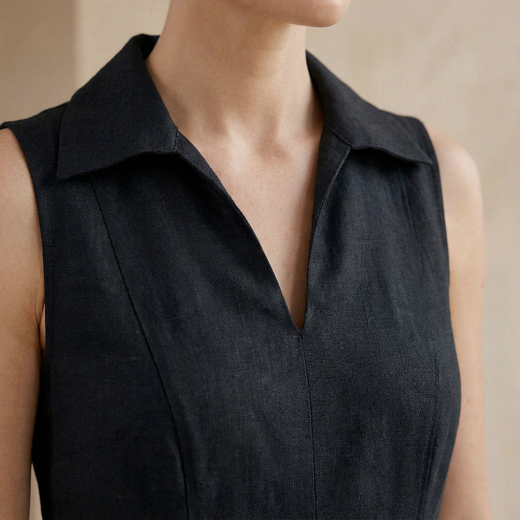 Black Cotton Flax Paneled Sleeveless Maxi Dress