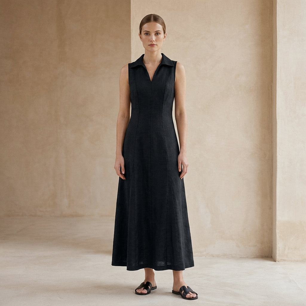 Black Cotton Flax Paneled Sleeveless Maxi Dress