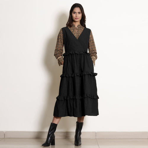 Black Cotton Flax Pinafore Frilled Tier Dress