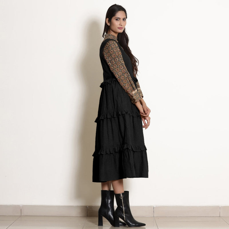 Black Cotton Flax Pinafore Frilled Tier Dress