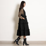 Black Cotton Flax Pinafore Frilled Tier Dress
