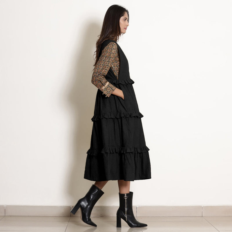 Black Cotton Flax Pinafore Frilled Tier Dress