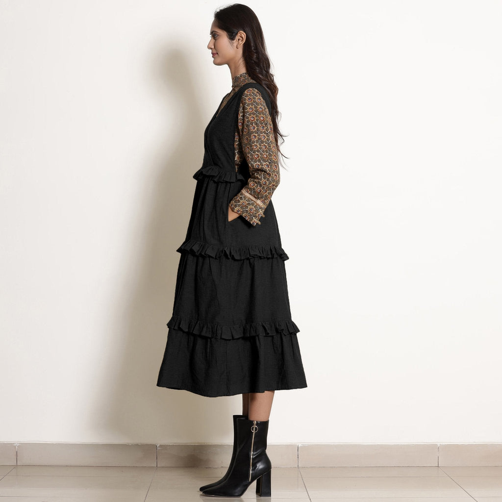 Black Cotton Flax Pinafore Frilled Tier Dress