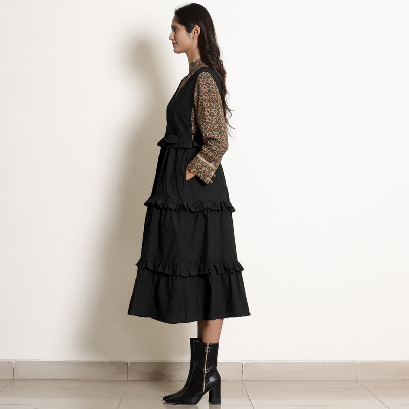 Black Cotton Flax Pinafore Frilled Tier Dress