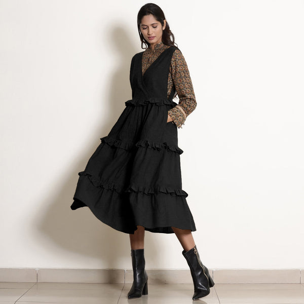 Black Cotton Flax Pinafore Frilled Tier Dress
