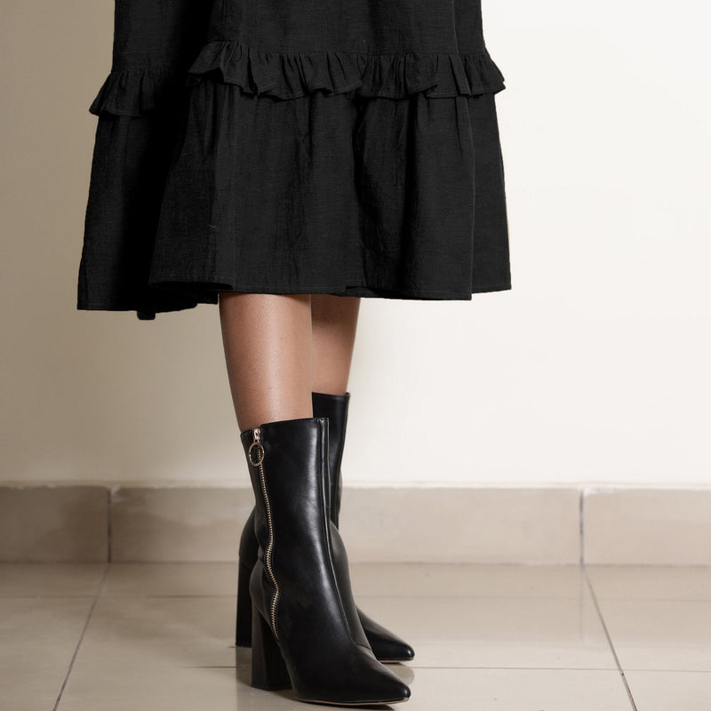 Black Cotton Flax Pinafore Frilled Tier Dress