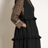 Black Cotton Flax Pinafore Frilled Tier Dress