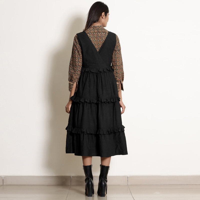 Black Cotton Flax Pinafore Frilled Tier Dress
