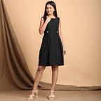 Black Cotton Flax Pleated Square Neck Short Sleeveless Dress