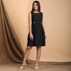 Black Cotton Flax Pleated Square Neck Short Sleeveless Dress