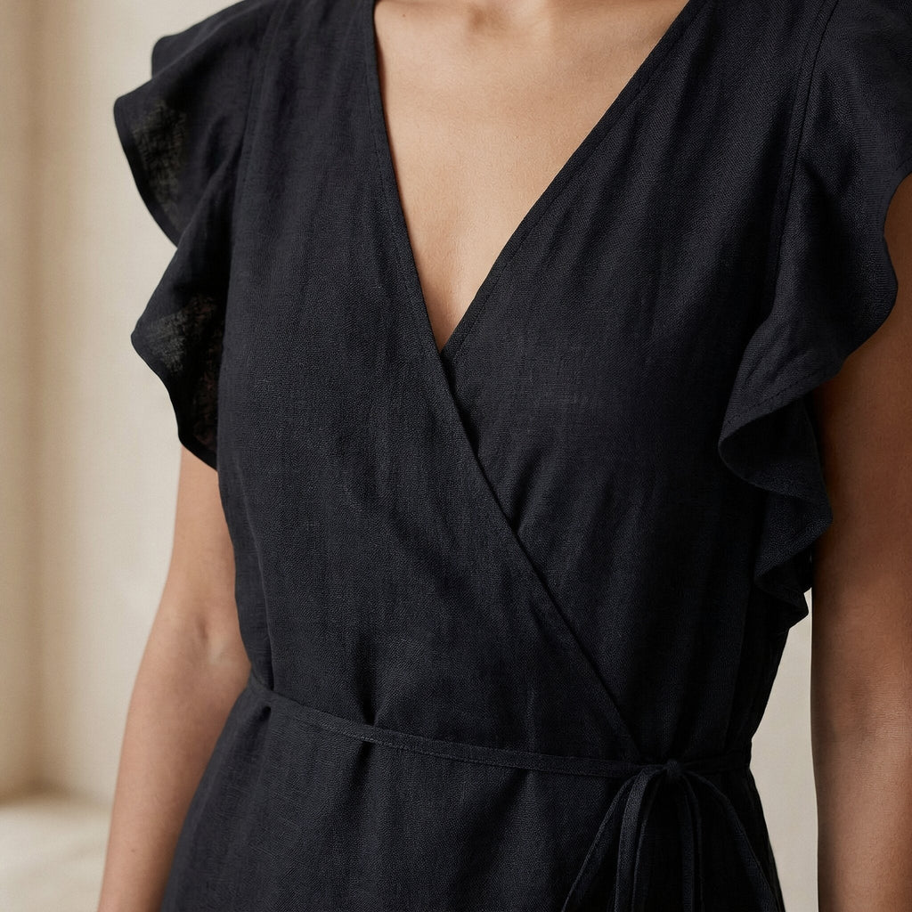 Black Cotton Flax Ruffle Midi Wrap Dress