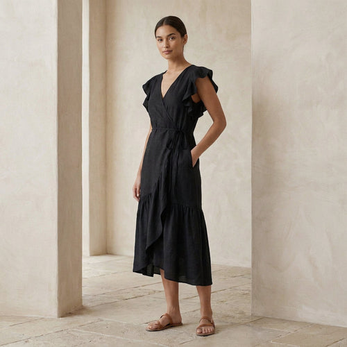 Black Cotton Flax Ruffle Midi Wrap Dress