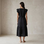 Black Cotton Flax Ruffle Midi Wrap Dress