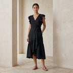 Black Cotton Flax Ruffle Midi Wrap Dress