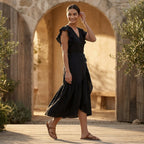 Black Cotton Flax Ruffle Midi Wrap Dress