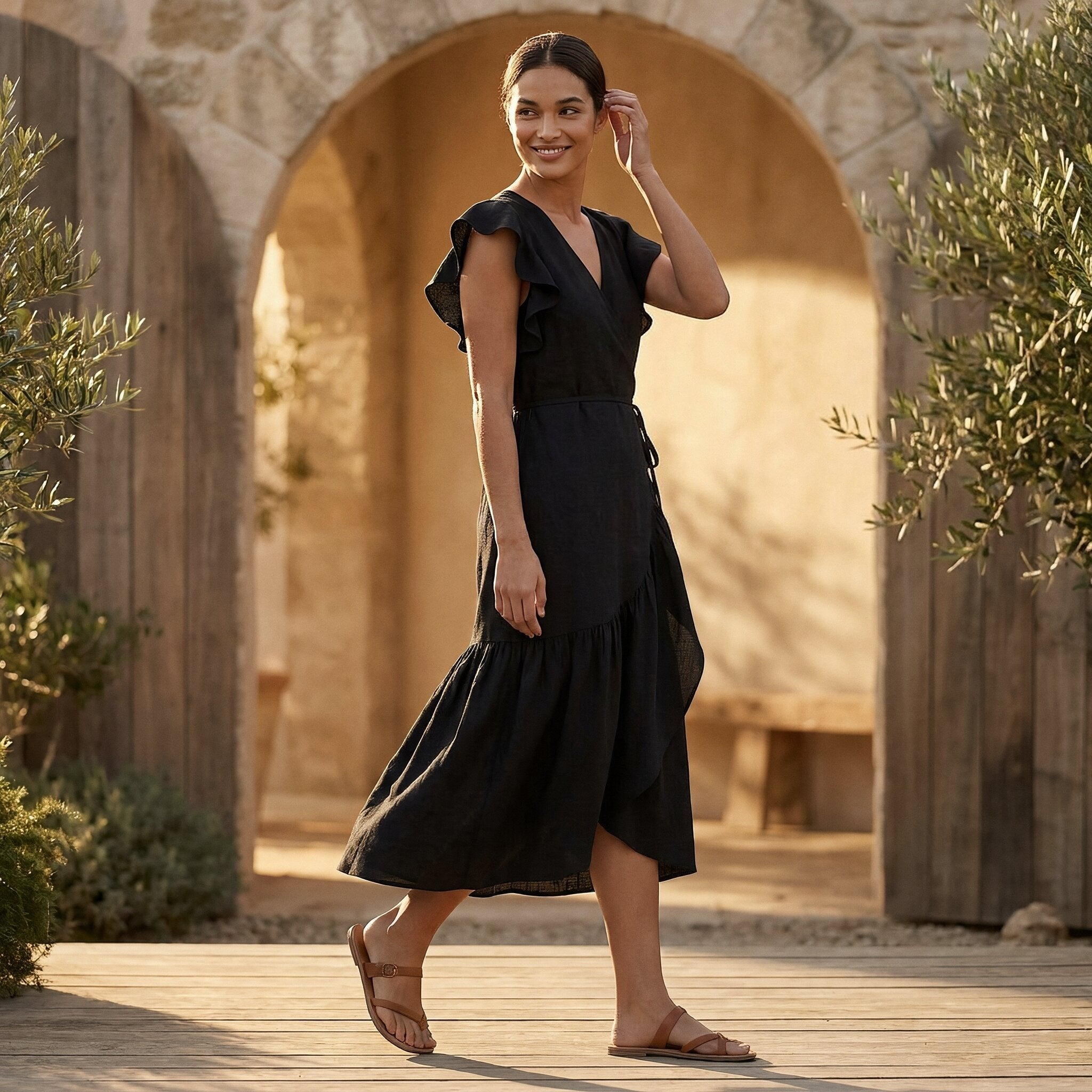 Black Cotton Flax Ruffle Midi Wrap Dress