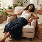 Black Cotton Flax Ruffle Midi Wrap Skirt