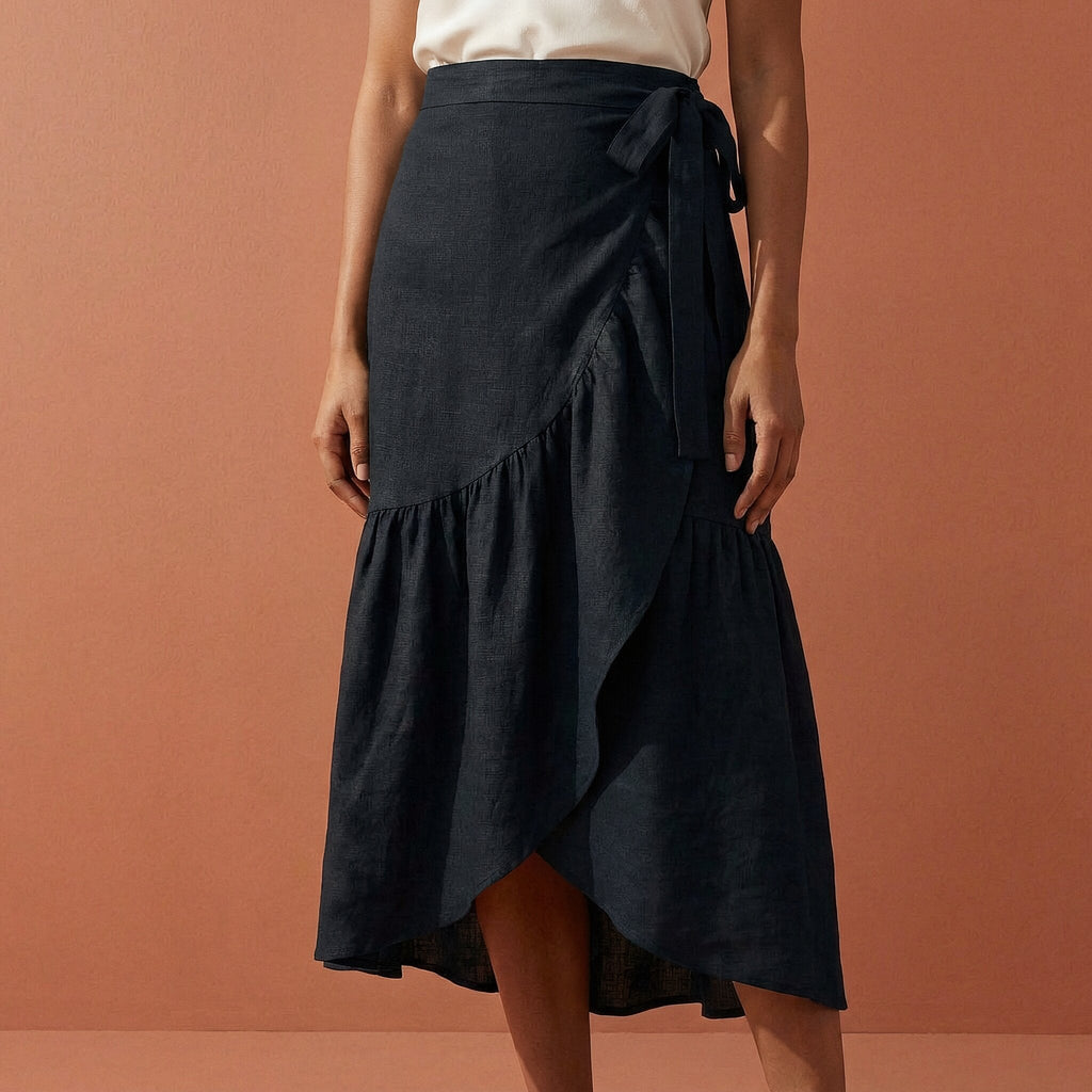Black Cotton Flax Ruffle Midi Wrap Skirt