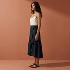 Black Cotton Flax Ruffle Midi Wrap Skirt