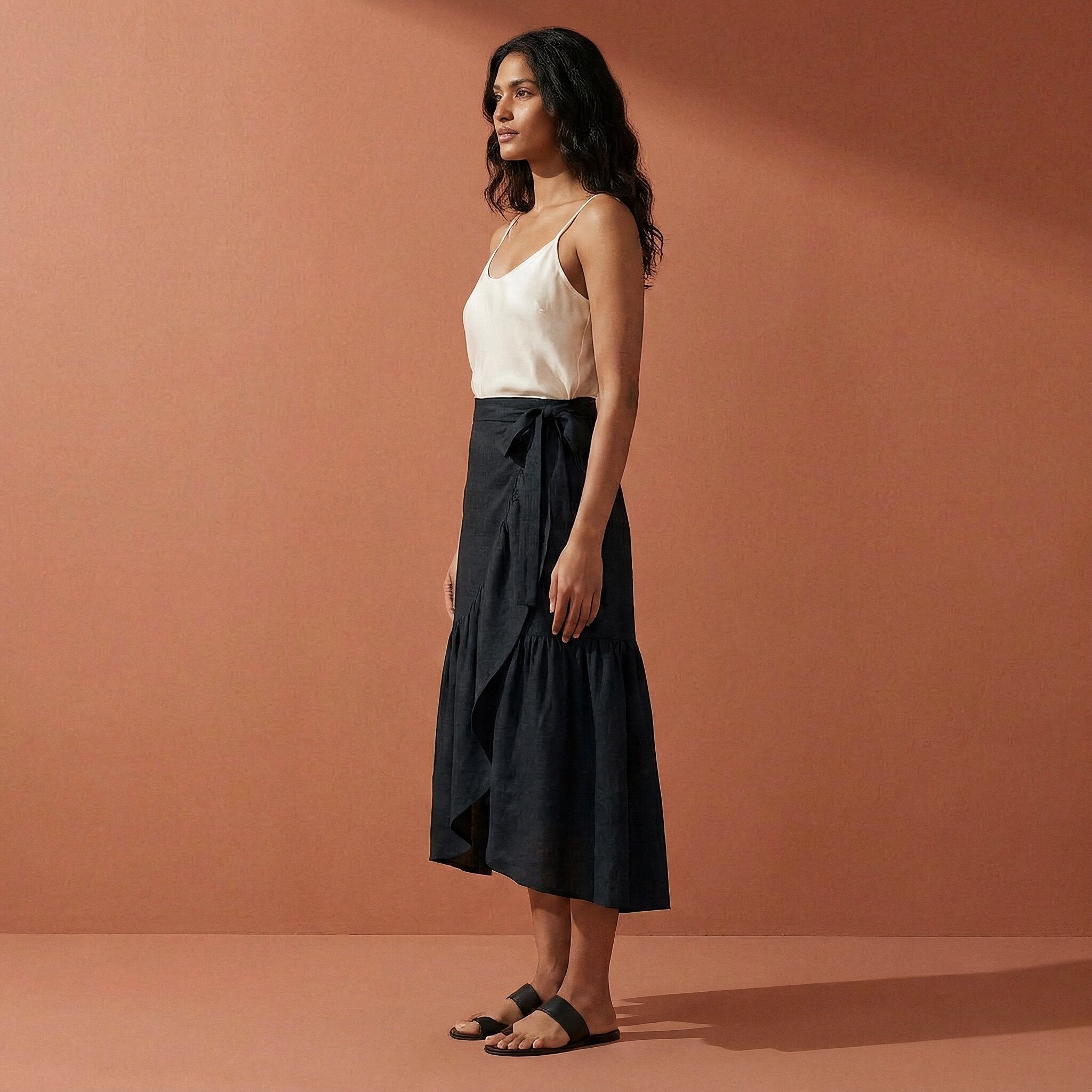 Black Cotton Flax Ruffle Midi Wrap Skirt