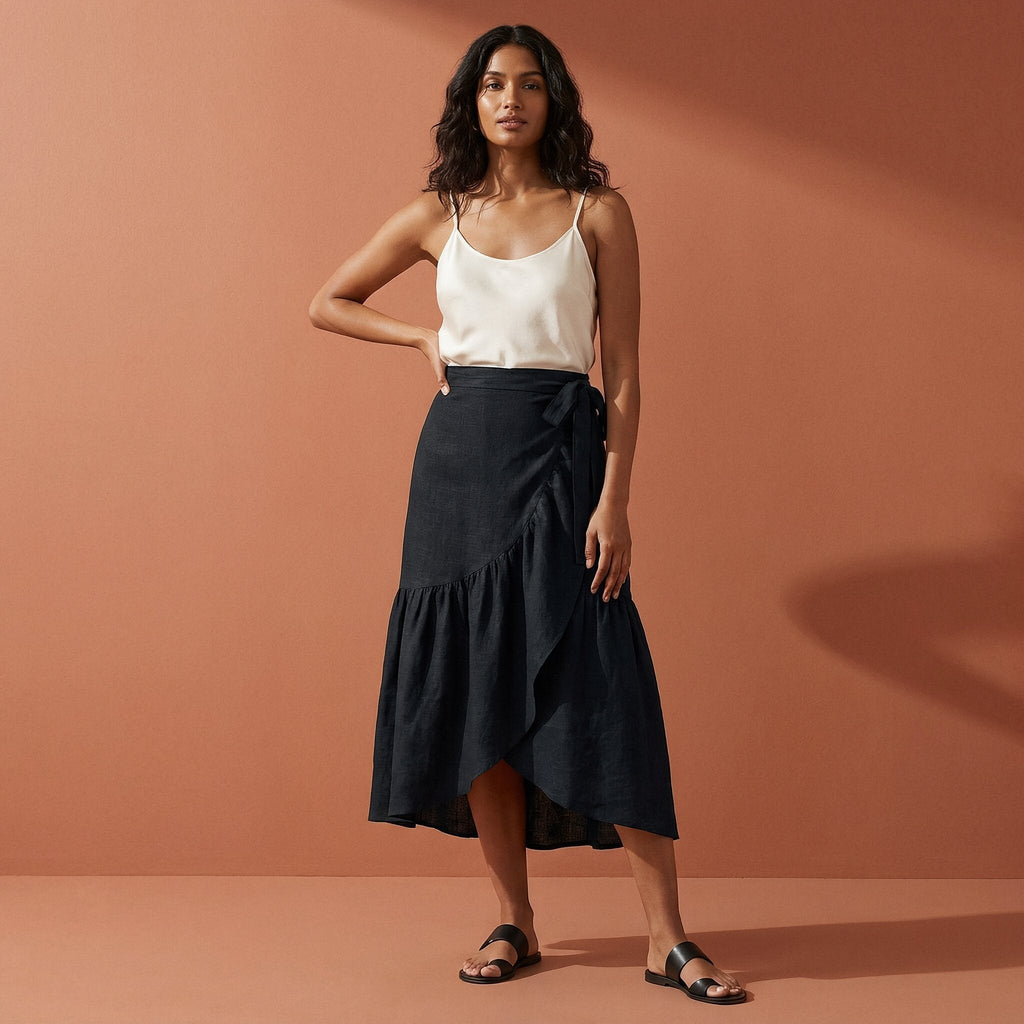 Black Cotton Flax Ruffle Midi Wrap Skirt