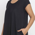 Black Cotton Flax Scoop Neck Paneled Maxi Dress
