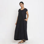 Black Cotton Flax Scoop Neck Paneled Maxi Dress