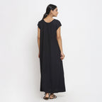 Black Cotton Flax Scoop Neck Paneled Maxi Dress