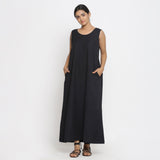 Black Cotton Flax Scoop Neck Sleeveless Maxi Dress
