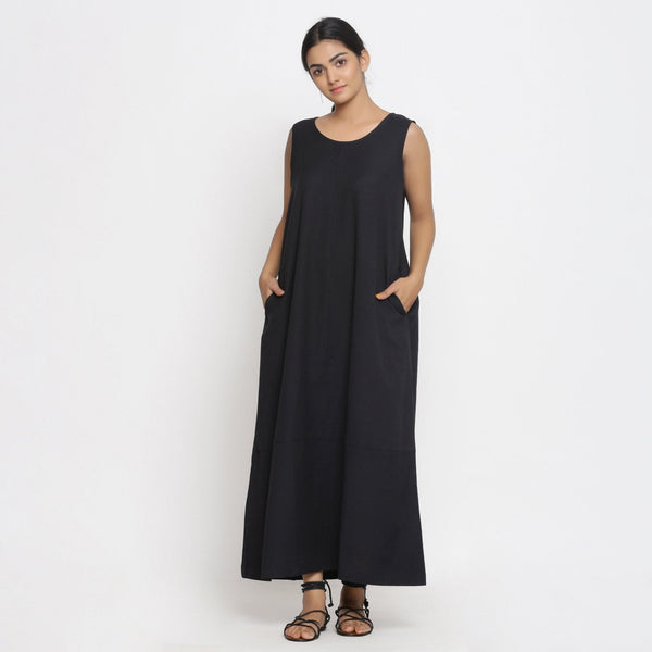 Black Cotton Flax Scoop Neck Sleeveless Maxi Dress