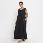Black Cotton Flax Scoop Neck Sleeveless Maxi Dress