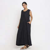 Black Cotton Flax Scoop Neck Sleeveless Maxi Dress