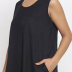 Black Cotton Flax Scoop Neck Sleeveless Maxi Dress
