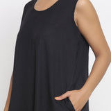 Black Cotton Flax Scoop Neck Sleeveless Maxi Dress
