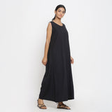 Black Cotton Flax Scoop Neck Sleeveless Maxi Dress