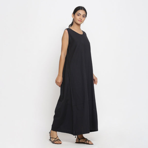 Black Cotton Flax Scoop Neck Sleeveless Maxi Dress