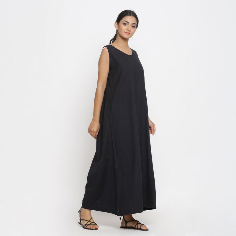 Black Cotton Flax Scoop Neck Sleeveless Maxi Dress