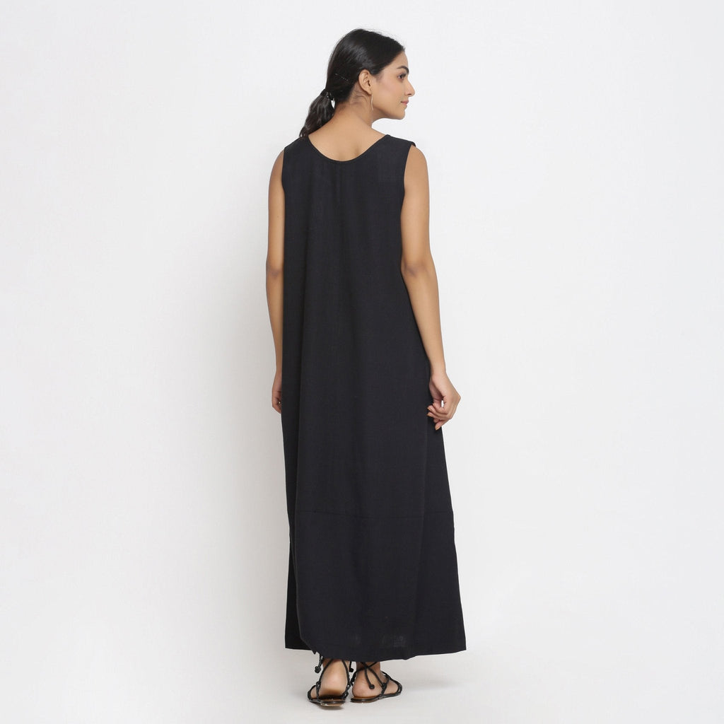 Black Cotton Flax Scoop Neck Sleeveless Maxi Dress