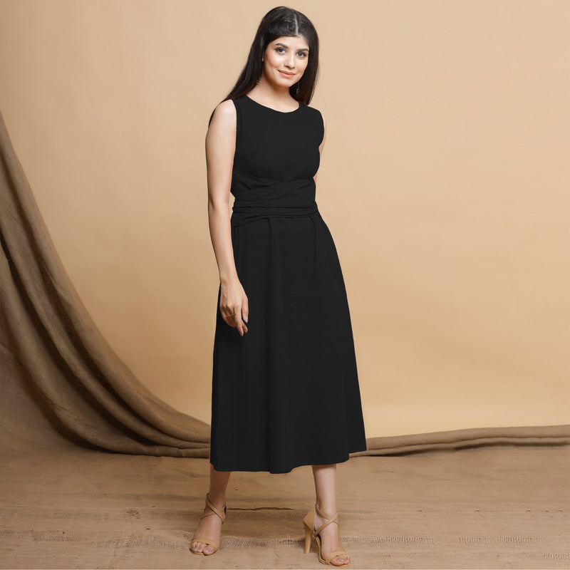 Black Cotton Flax Sleeveless A-Line Midi Dress
