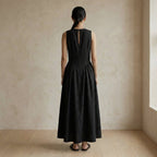 Black Cotton Flax Sleeveless Paneled Maxi Dress
