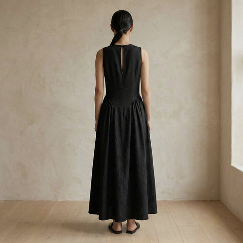 Black Cotton Flax Sleeveless Paneled Maxi Dress