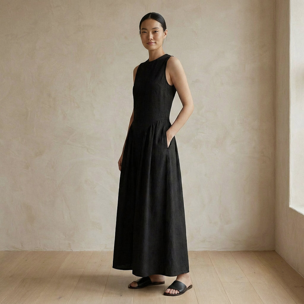 Black Cotton Flax Sleeveless Paneled Maxi Dress