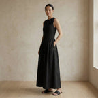 Black Cotton Flax Sleeveless Paneled Maxi Dress