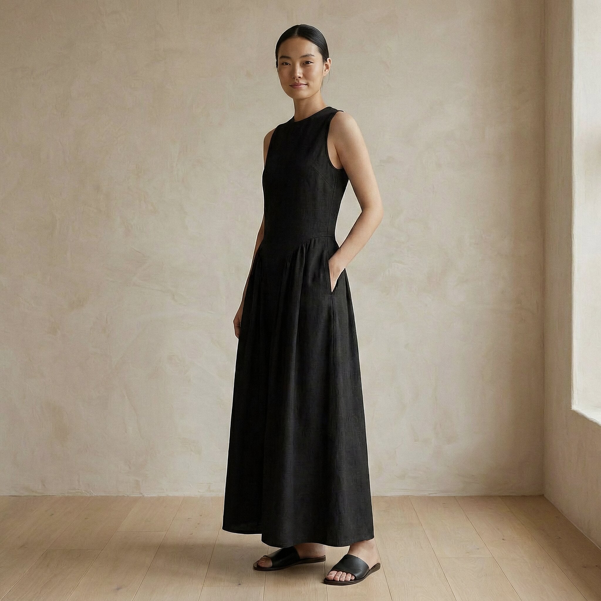 Black Cotton Flax Sleeveless Paneled Maxi Dress
